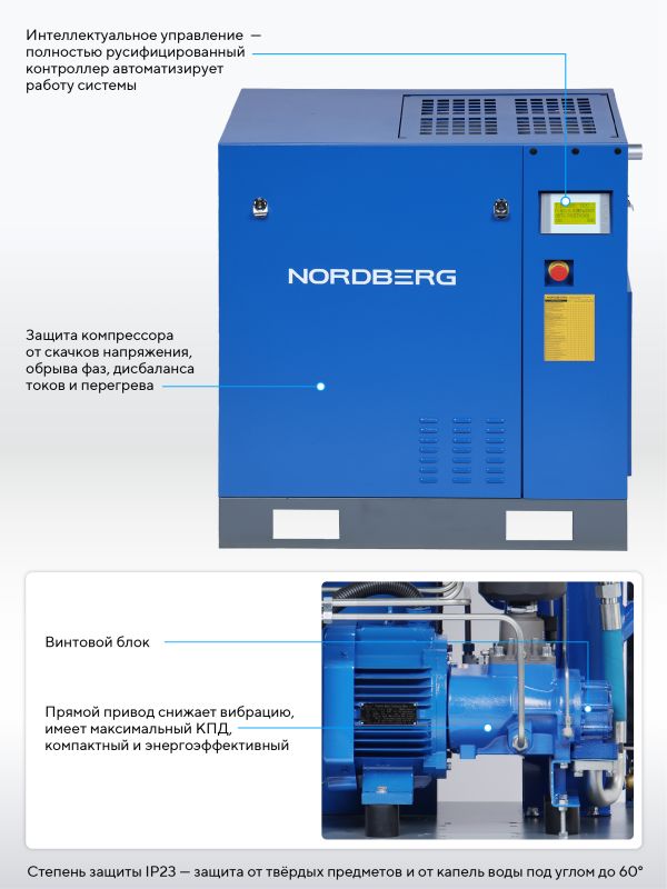 Винтовой компрессор Nordberg NCC20_13, прямой привод, 13 бар, IP23, 1600л/мин, 15кВт, с ЧП