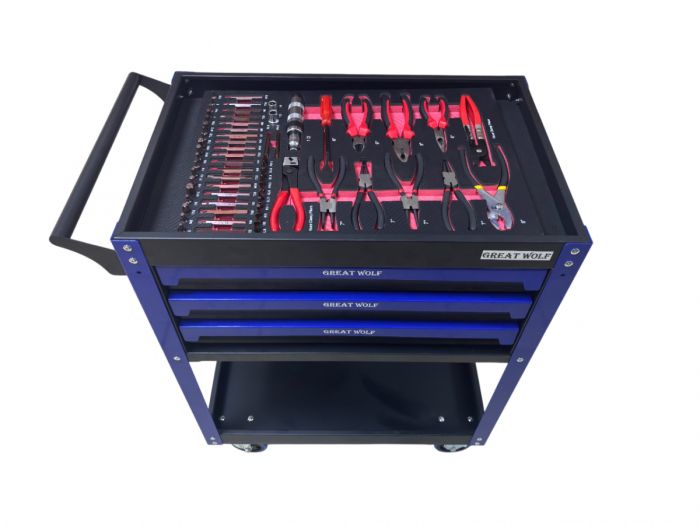 Тележка инструментальная Great Wolf GW-3ST1 Blue, с полкой и тремя ящиками, с набором инструментов 249пр.