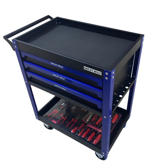 Тележка инструментальная Great Wolf GW-3ST2 Blue, с полкой и тремя ящиками, с набором инструментов 324пр.