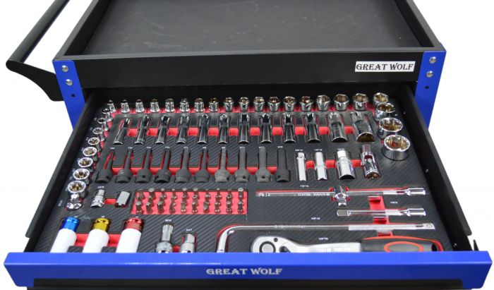 Тележка инструментальная Great Wolf GW-3ST2 Blue, с полкой и тремя ящиками, с набором инструментов 324пр.