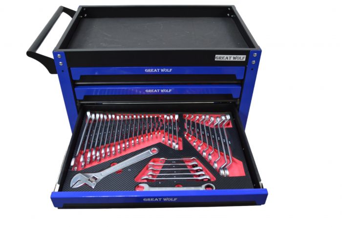Тележка инструментальная Great Wolf GW-3ST2 Blue, с полкой и тремя ящиками, с набором инструментов 324пр.