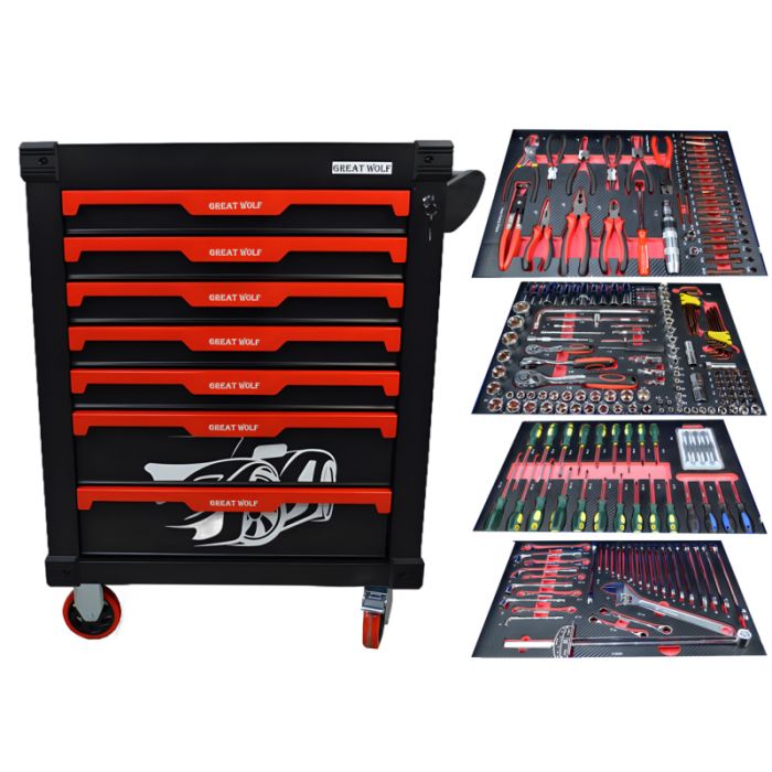 Тележка инструментальная Great Wolf GW-7ST1 Black, 7 ящиков, с набором инструментов 249пр.