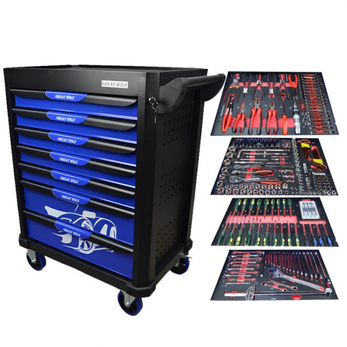 Тележка инструментальная Great Wolf GW-7ST1 Blue, 7 ящиков, с набором инструментов 249пр.