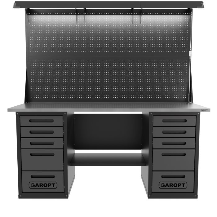 Верстак слесарный Garopt Constructor, 2 тумбы, 4+1+5 ящиков, дв. экран, подсветка, 1,8м с набором держателей