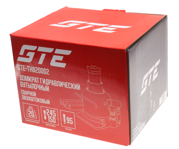 Домкрат бутылочный гидравлический 20т GTE GTE-TH820002, 150-245мм, низкопрофильный, 2-х плунжерный