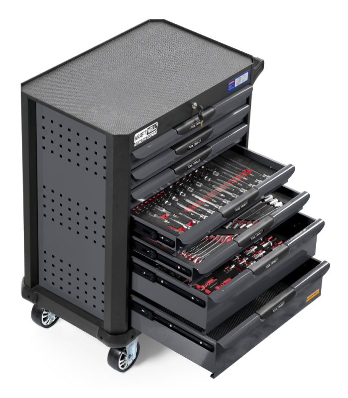 Тележка инструментальная KraftWell KRW-TTG+SET277, закрытая, 7 ящиков, с комплектом инструментов 277пр.