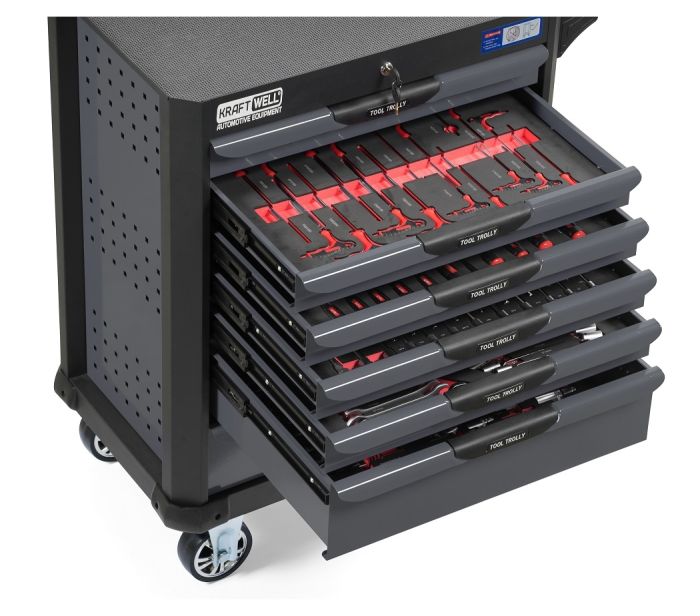 Тележка инструментальная KraftWell KRW-TTG+SET277, закрытая, 7 ящиков, с комплектом инструментов 277пр.
