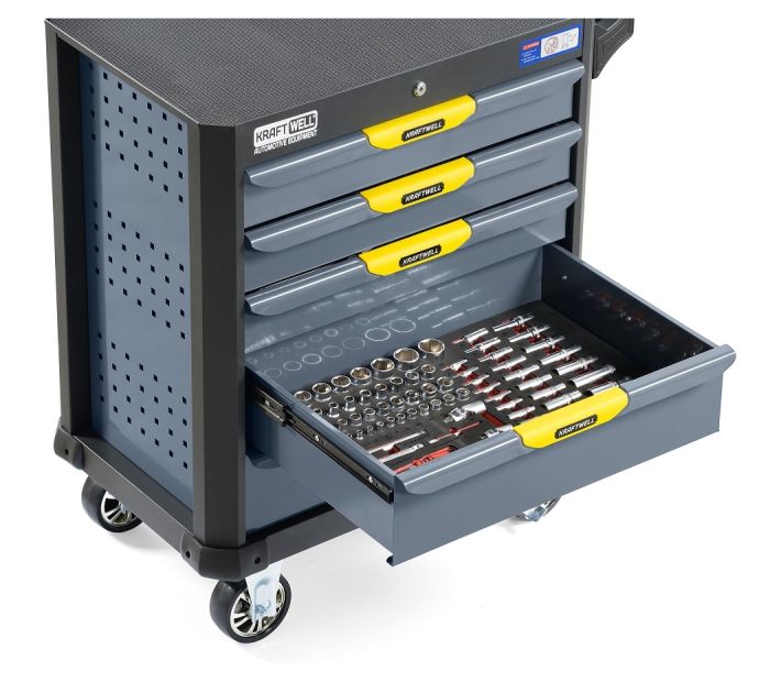 Тележка инструментальная KraftWell KRW-TTG+SET157, закрытая, 5 ящиков, с набором инструментов 157пр.