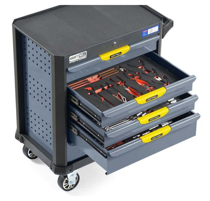Тележка инструментальная KraftWell KRW-TTG+SET157, закрытая, 5 ящиков, с набором инструментов 157пр.