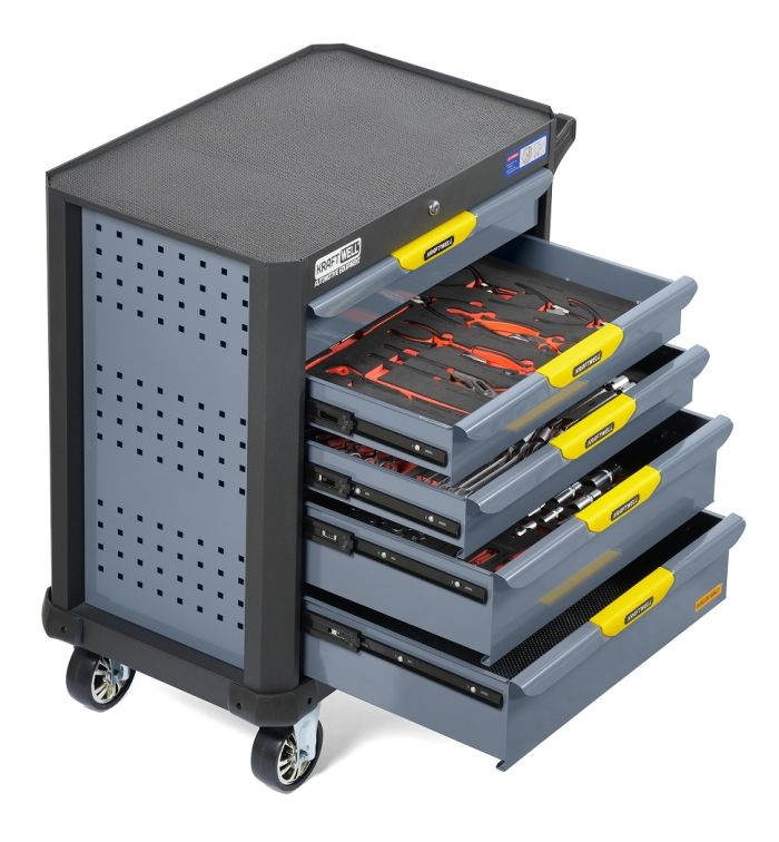Тележка инструментальная KraftWell KRW-TTG+SET157, закрытая, 5 ящиков, с набором инструментов 157пр.