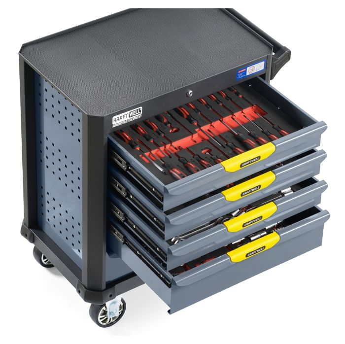 Тележка инструментальная KraftWell KRW-TTG+SET157, закрытая, 5 ящиков, с набором инструментов 157пр.