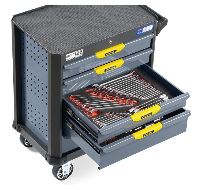 Тележка инструментальная KraftWell KRW-TTG+SET157, закрытая, 5 ящиков, с набором инструментов 157пр.