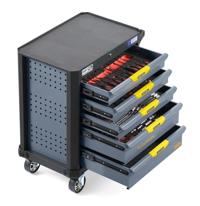 Тележка инструментальная KraftWell KRW-TTG+SET157, закрытая, 5 ящиков, с набором инструментов 157пр.