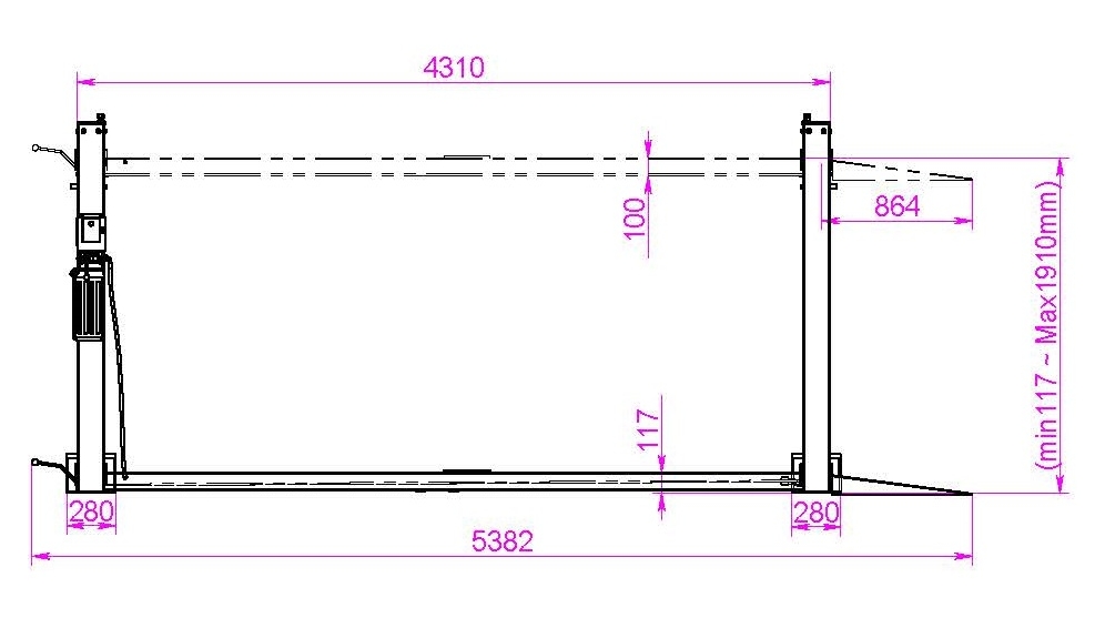 Подъемник четырехстоечный 4 тонны KraftWell KRW4FPL+KRW-HLP32, электрогидравлический, для слесарных работ, 380В