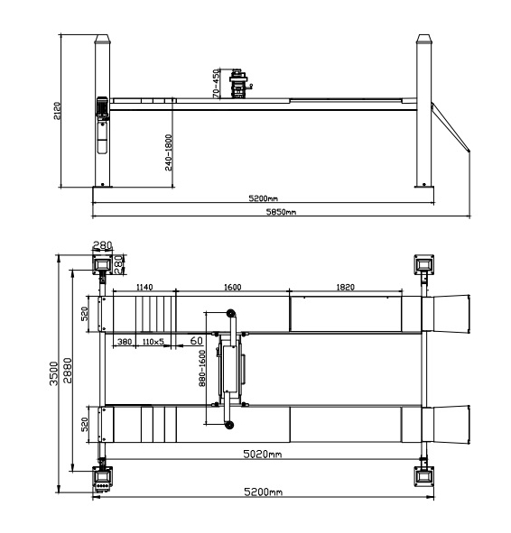 Подъемник четырехстоечный 4 тонн KraftWell QUATTRO 4W5.0, электрогидравлический, для сход-развала, 380В