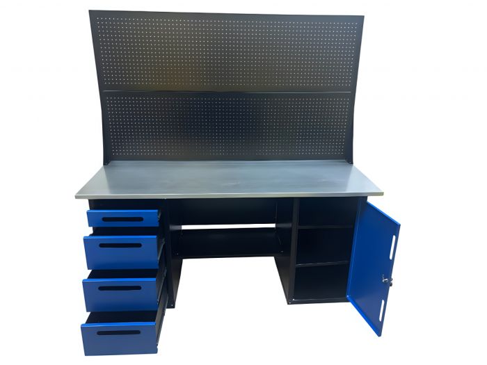 Верстак слесарный Great Wolf GWT-V1800BL2, 2 тумбы, 4 ящика, тумба с дверью, дв.экран