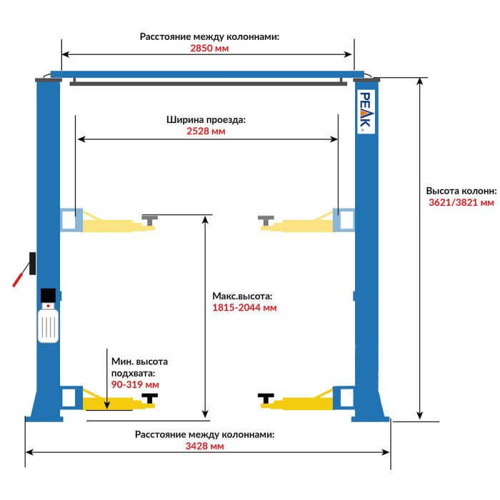 Подъемник двухстоечный автомобильный 4 тонны PEAK 209SAСH, электрогидравлический, 380В