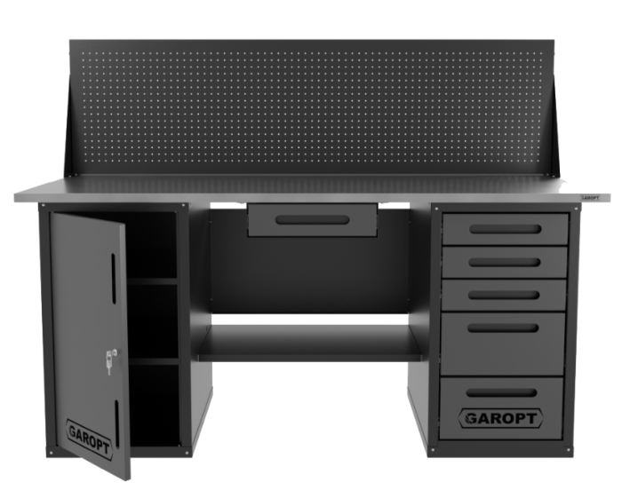 Верстак слесарный Garopt "Low Cost" GT1800DY1Y5PP.grey, двухтумбовый, экран, 5 ящиков, дверца