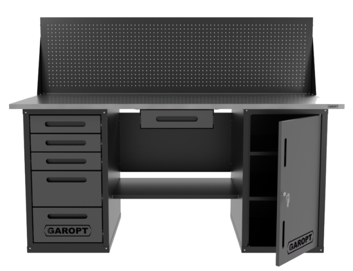 Верстак слесарный Garopt "Low Cost" GT1800DY1Y5PP.grey, двухтумбовый, экран, 5 ящиков, дверца