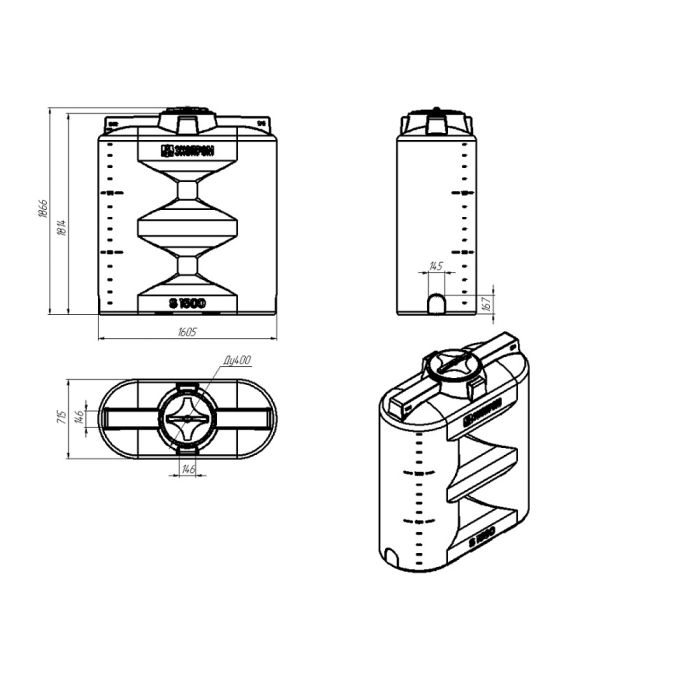 Ёмкость прямоугольная ЭкоПром S 1500 NEW, 1500 литров, синяя, 1.0г/см3