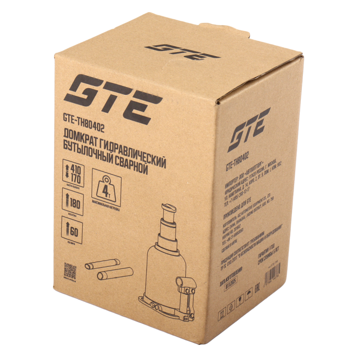 Домкрат бутылочный гидравлический 4т GTE GTE-TH80402, 170-410мм, 2-х плунжерный