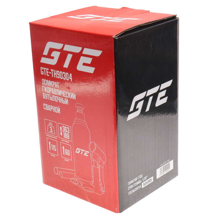Домкрат бутылочный гидравлический 3т GTE GTE-TH90304, 188-303мм
