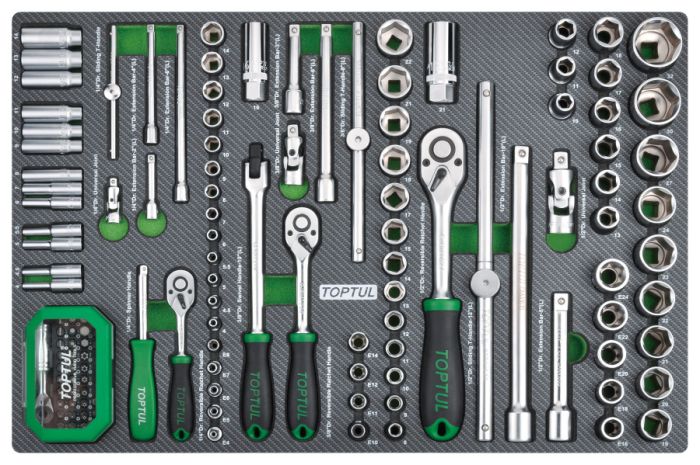 Набор головок и аксессуаров ,1/4",3/8",1/2" 6-гр.,126 пр. в мягком ложементе TOPTUL GEDC611