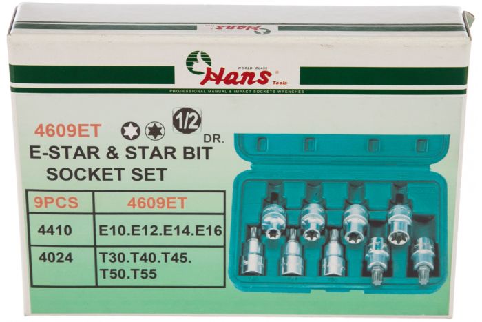 Набор торцевых головок E-Star, Hans 4609ET, 1/2", 10-16мм, 9 предметов