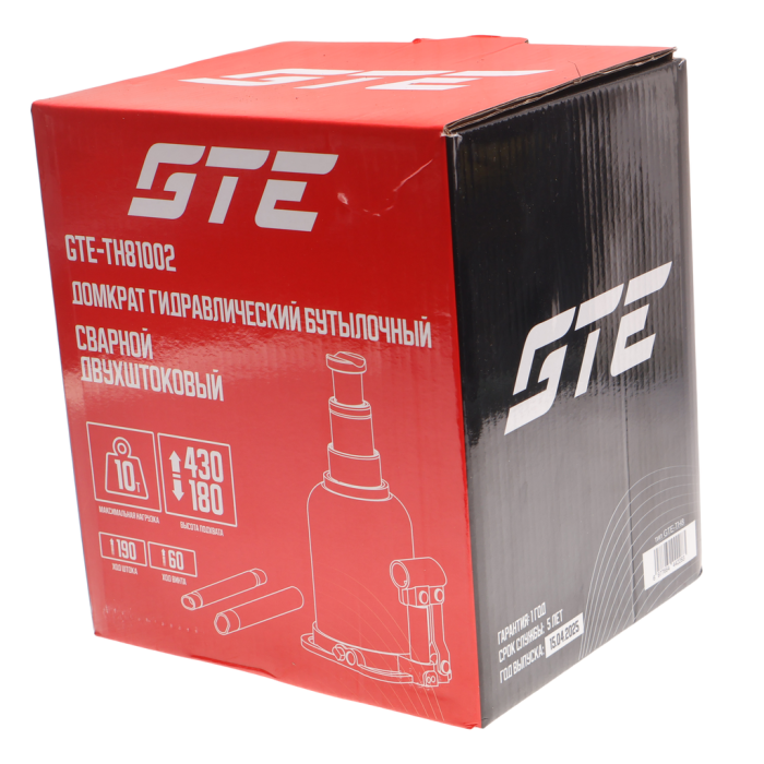 Домкрат бутылочный гидравлический 10т GTE GTE-TH81002, 180-430мм, 2-х плунжерный