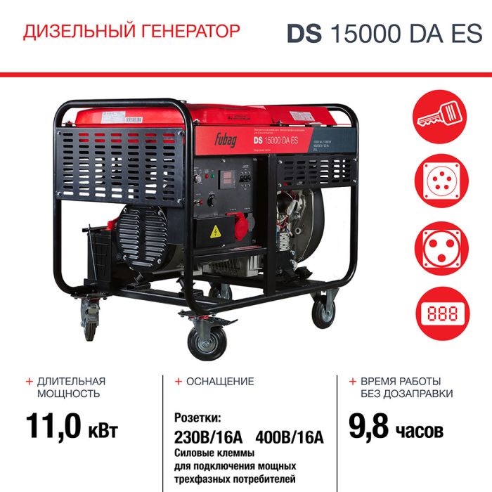 Дизельный генератор с электростартером Fubag DS 15000 DA ES, с коннектором автоматики, 220/380В, 15,94А