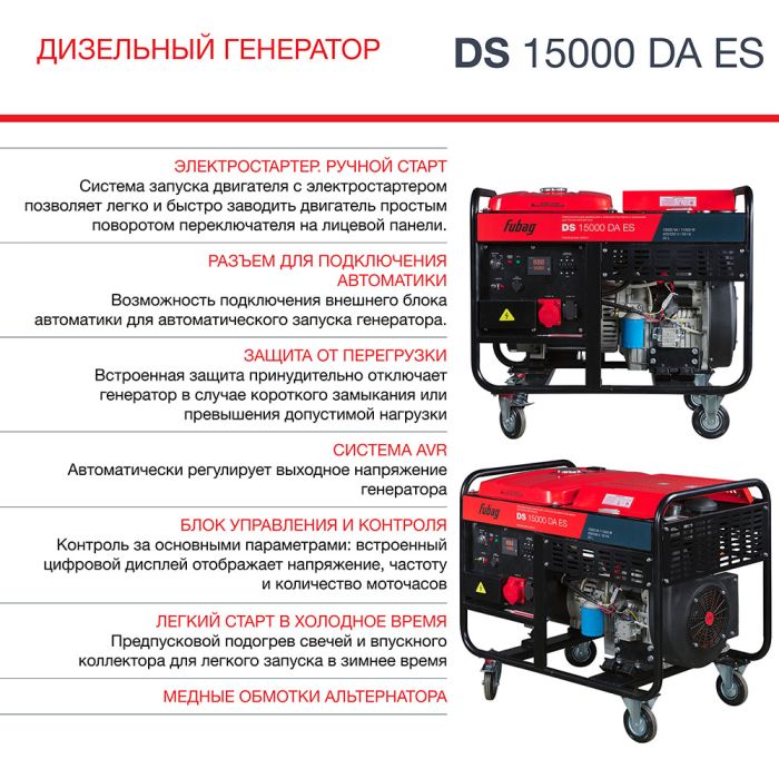 Дизельный генератор с электростартером Fubag DS 15000 DA ES, с коннектором автоматики, 220/380В, 15,94А