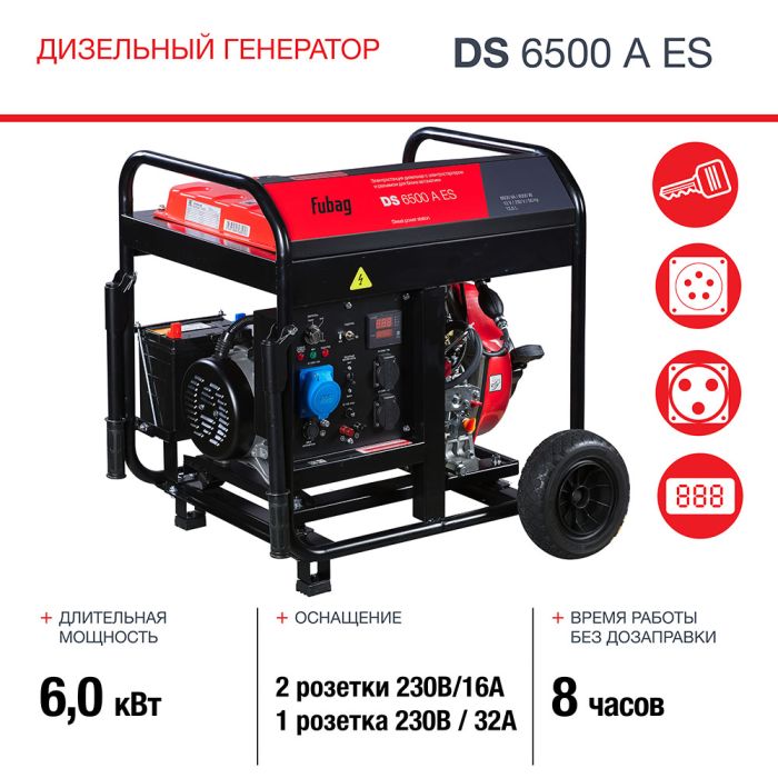 Дизельный генератор с электростартером Fubag DS 6500 A ES, с коннектором автоматики, 220В, 25А