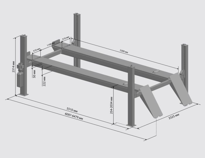 Подъемник четырехстоечный 6,5 тонн Sivik ПГА-6500/4_blue, электрогидравлический, слесарный, 380В