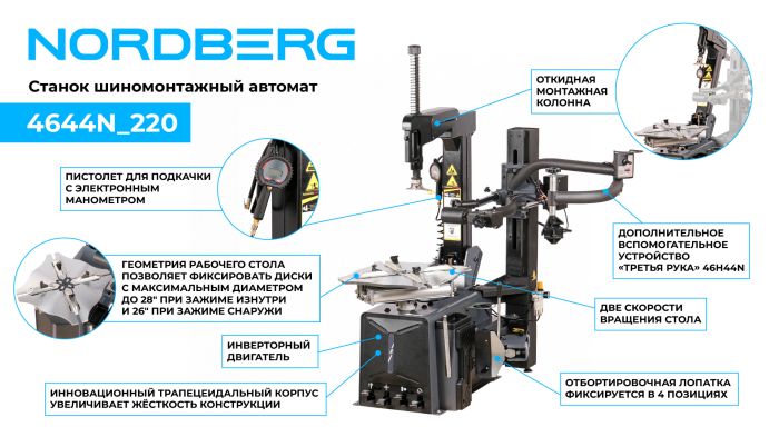 Шиномонтажный станок легковой Nordberg 4644N, автомат, с третьей рукой, двухскоростной, 220В