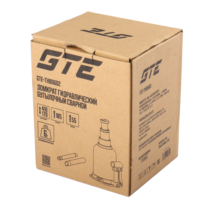 Домкрат бутылочный гидравлический 6т GTE GTE-TH80602, 170-410мм, 2-х плунжерный
