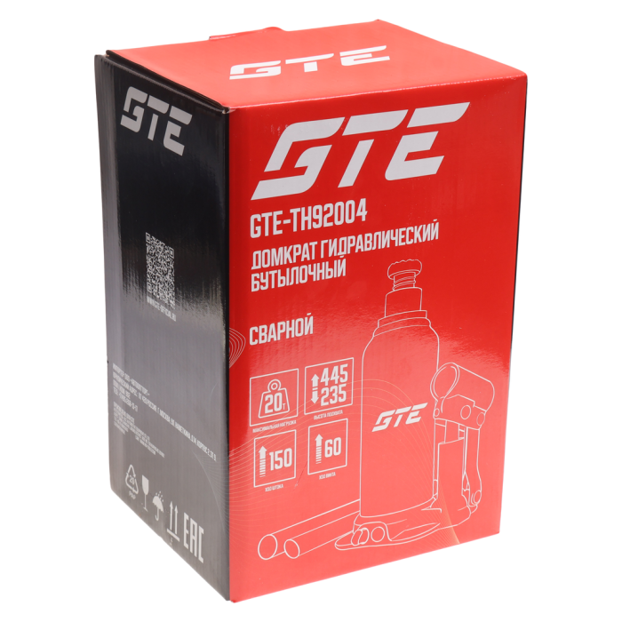 Домкрат бутылочный гидравлический 20т GTE GTE-TH92004, 235-445мм