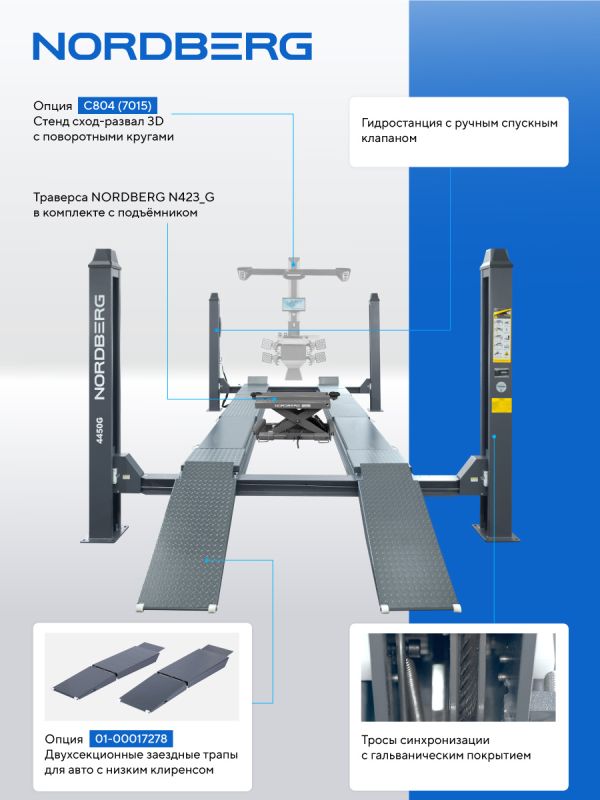 Подъемник четырехстоечный 5 тонн Nordberg 4450_M2G(M2), электрогидравлический, для сход-развала, с траверсой, 380В