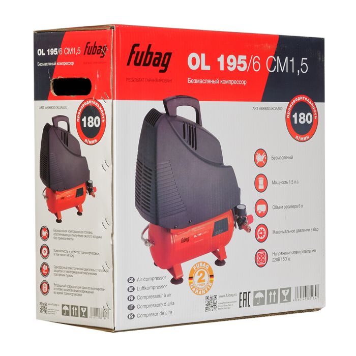 Поршневой компрессор Fubag OL 195/6 CM1.5, прямой безмасляный, 220В, 180л/мин, 6л