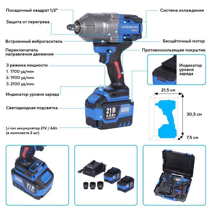 Гайковерт аккумуляторный ударный NORDBERG NE806K-1/2, 1/2", 1500 Нм, в кейсе