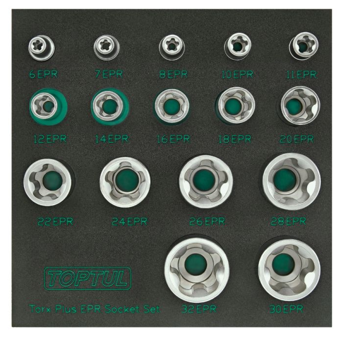 Набор торцевых головок TORX Plus EPR 1/4",3/8",1/2" 5-ти лучевые, 6EPR-32EPR, 16 пр. на ложементе TOPTUL GABF1601