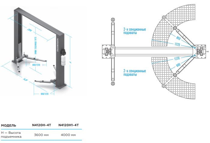 Подъемник двухстоечный автомобильный 4 тонны Nordberg N4120H1-4T_380V_ES, электрогидравлический, 380В