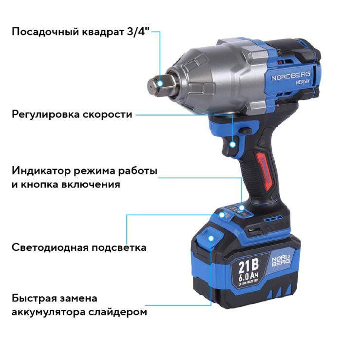 Гайковерт аккумуляторный ударный NORDBERG NE806K-3/4, 3/4", 1500 Нм, в кейсе