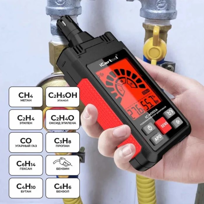Цифровой детектор утечки взрывоопасных газов iCarTool IC-M101A, 0-1000 ppm