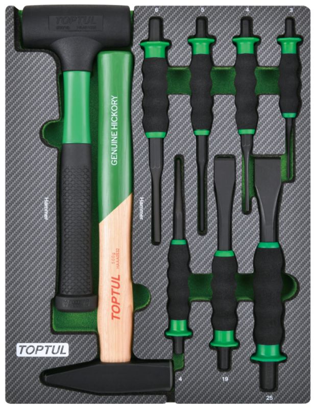 Набор инструментов, молоток, выколотки и зубила 9 пр. в мягком ложементе TOPTUL  GEB0904