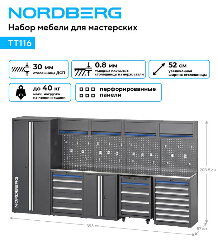 Верстак слесарный Nordberg TT116, в наборе мебели, с экраном, ящиками, тележкой