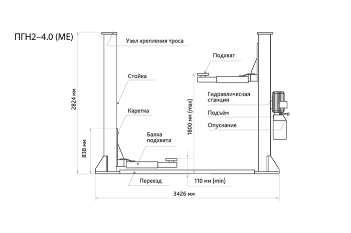 Подъемник двухстоечный автомобильный 4 тонны Станкоимпорт ПГН2-4.0 (МЕ), электрогидравлический, 380В