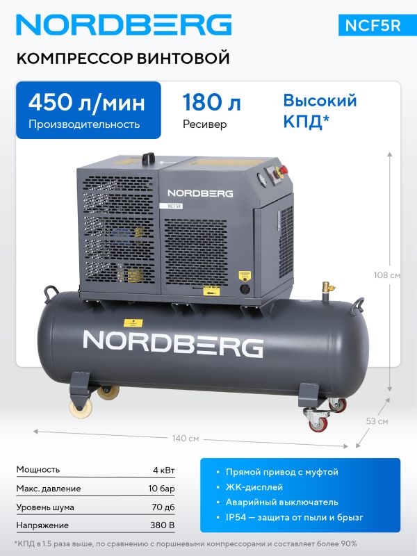 Винтовой компрессор Nordberg NCF5R, прямой привод, 10 бар, IP54, 450л/мин, 4кВт, 180л