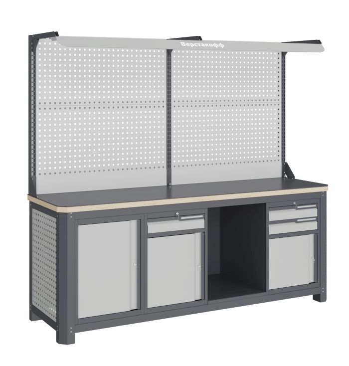 Модульный верстак Верстакофф MCN 2052.S789.1-2F, 3 тумбы, 3 ящика, с дв. экраном, подсветка