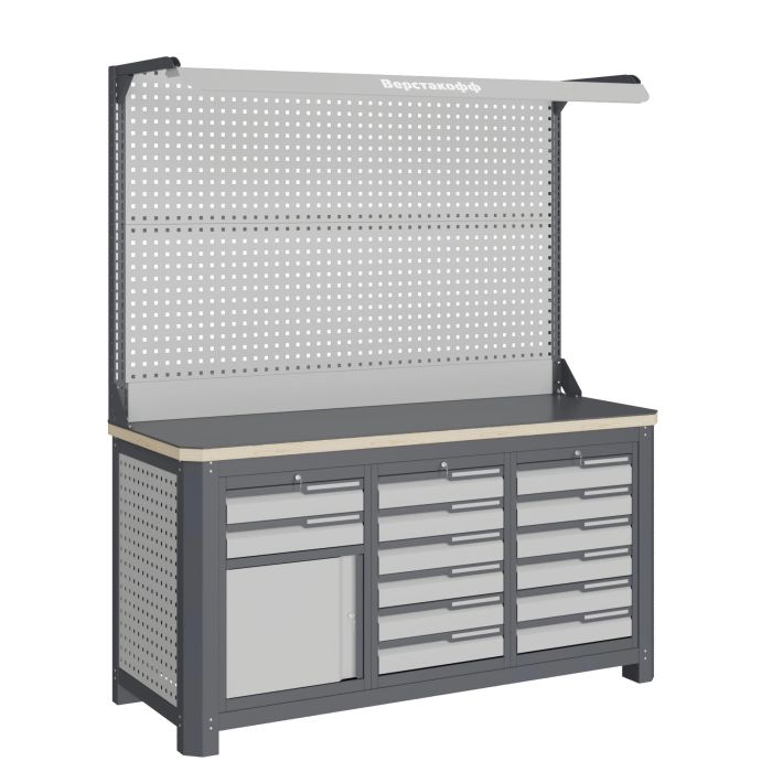 Верстак слесарный Верстакофф MCN 1552.S669-2F, 3 тумбы, 2+6+6 ящиков, с дв. экраном, подсветка