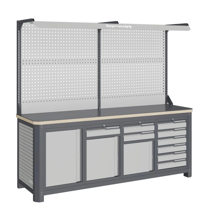 Модульный верстак Верстакофф MCN 2052.S6789-2F, 4 тумбы, 1+2+6 ящиков, с дв. экраном, подсветка